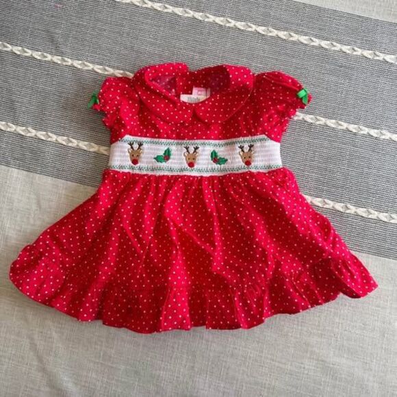 Good Lad Other - NWT Christmas Smocked Polka Dot Dress Size 9 months Red Festive Reindeer Collar